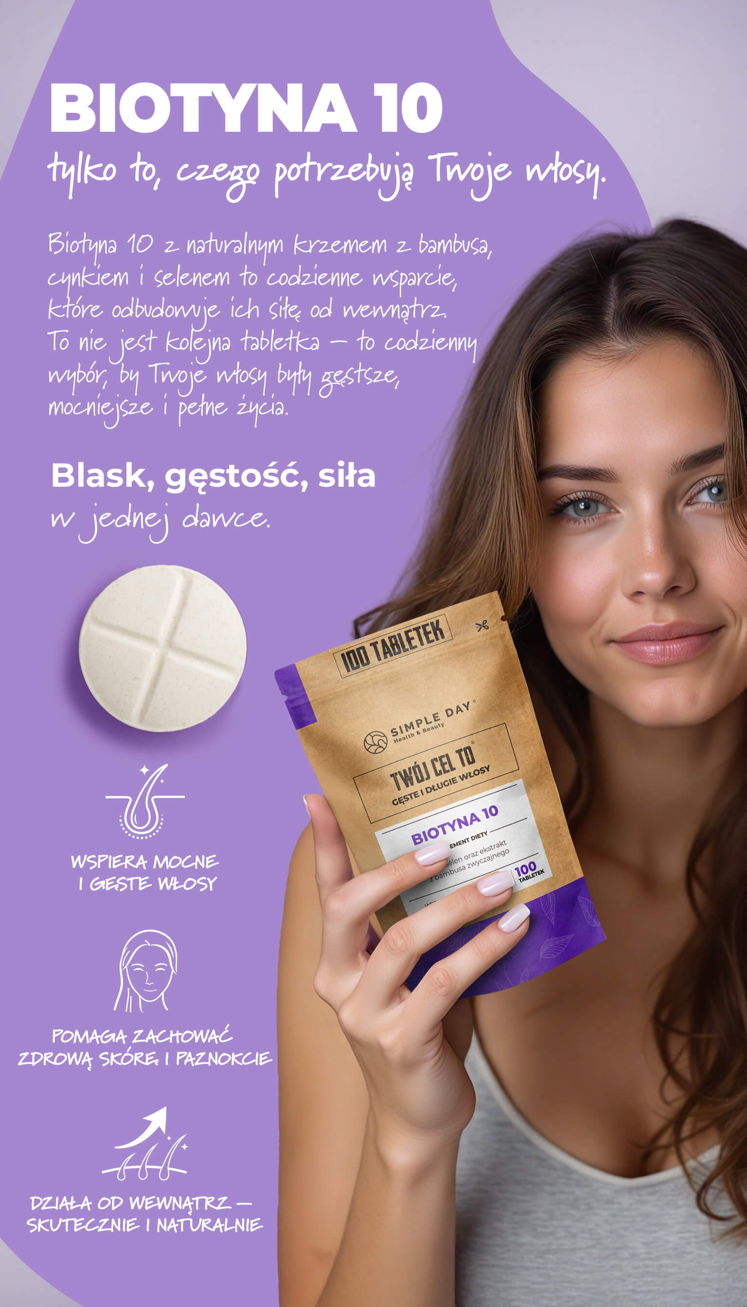 Biotyna 10 - suplement diety wspierający kondycję włosów i paznokci.