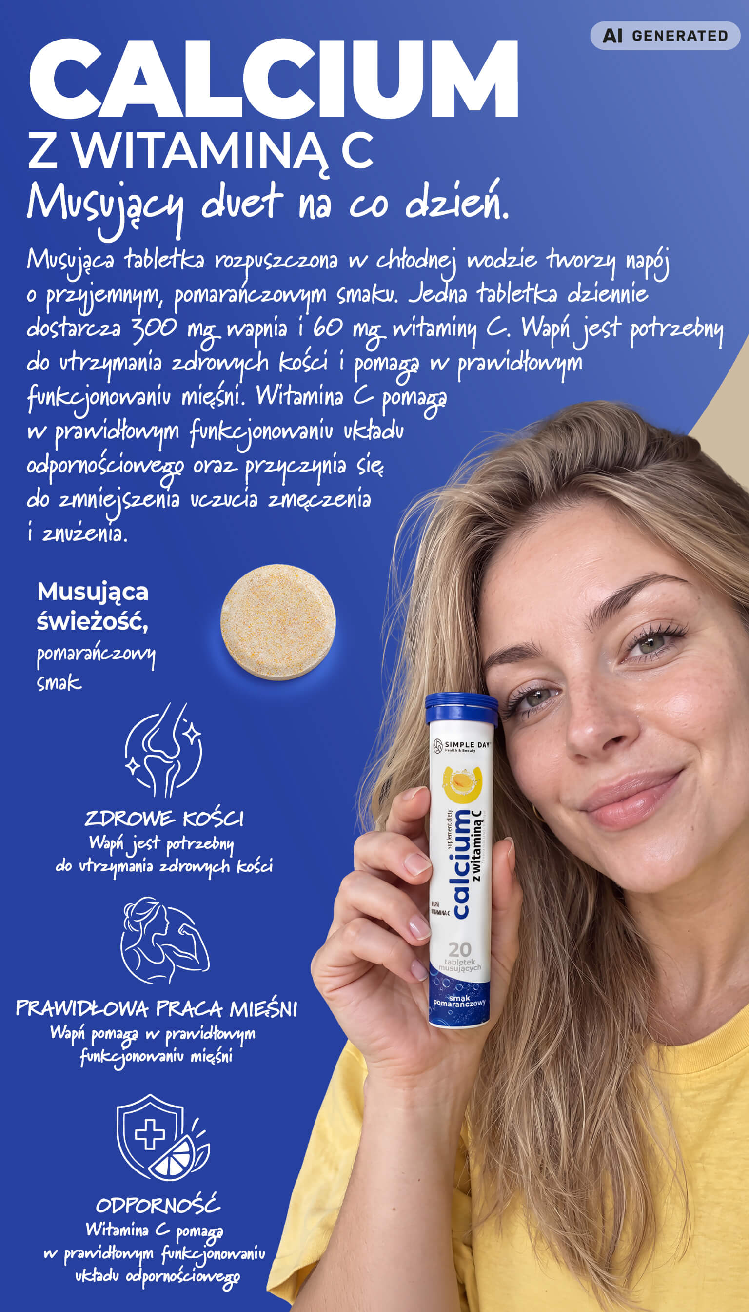 Calcium z witaminą C Twój Cel To, smak pomarańczowy, tuba 20 tabletek musujących