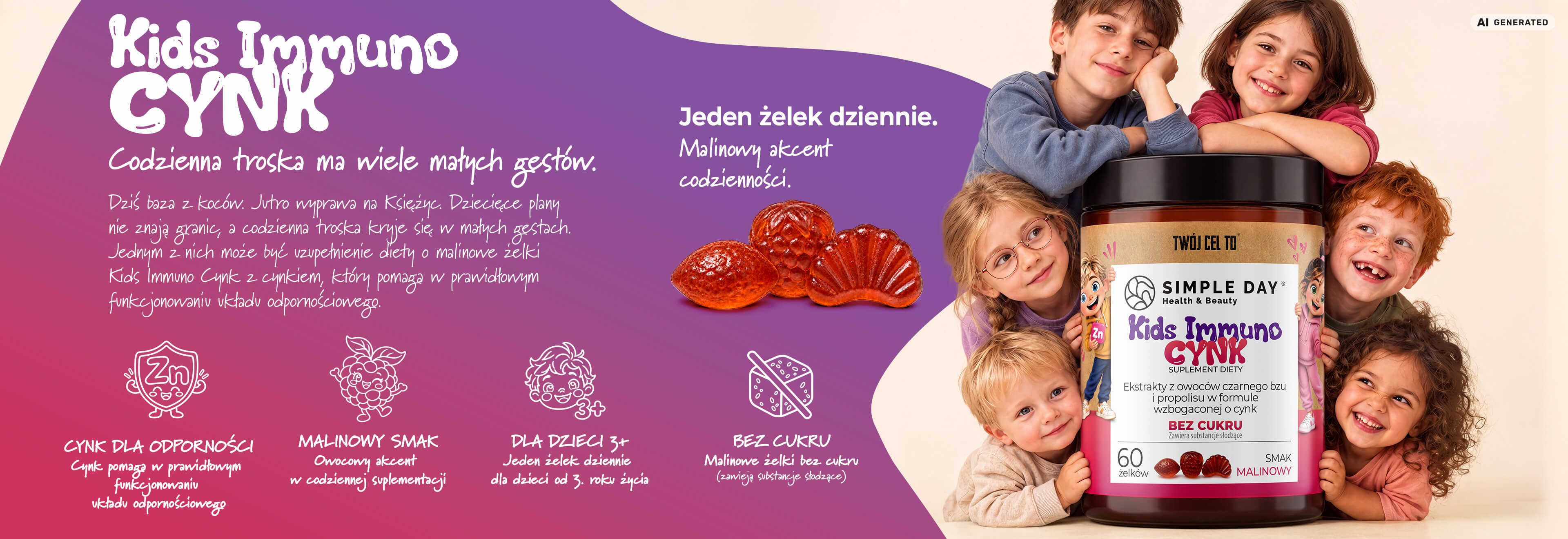 KIDS IMMUNO CYNK Twój Cel To – malinowe żelki dla dzieci bez cukru, 60 sztuk, 180 g