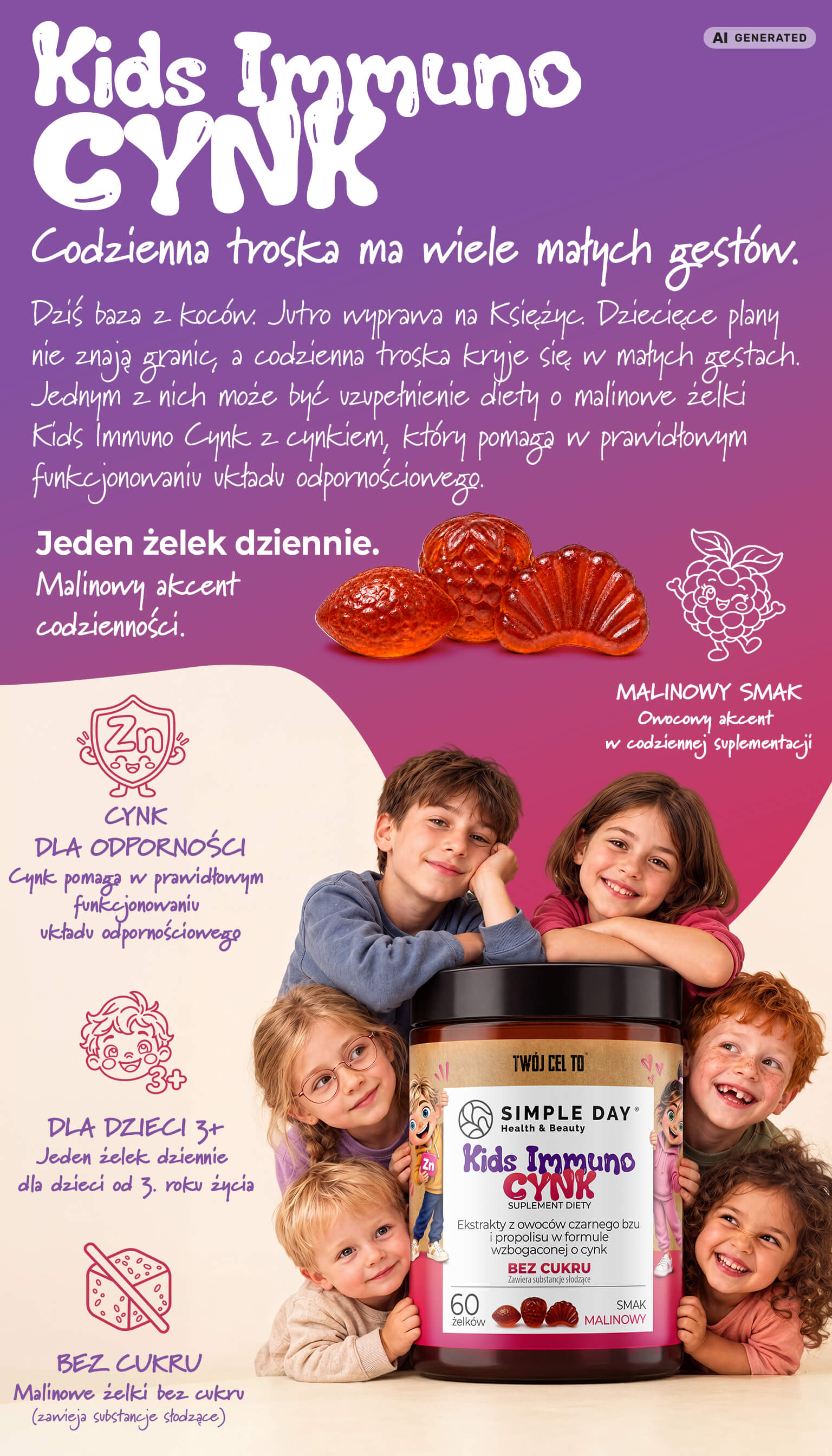 KIDS IMMUNO CYNK Twój Cel To – malinowe żelki dla dzieci bez cukru, 60 sztuk, 180 g