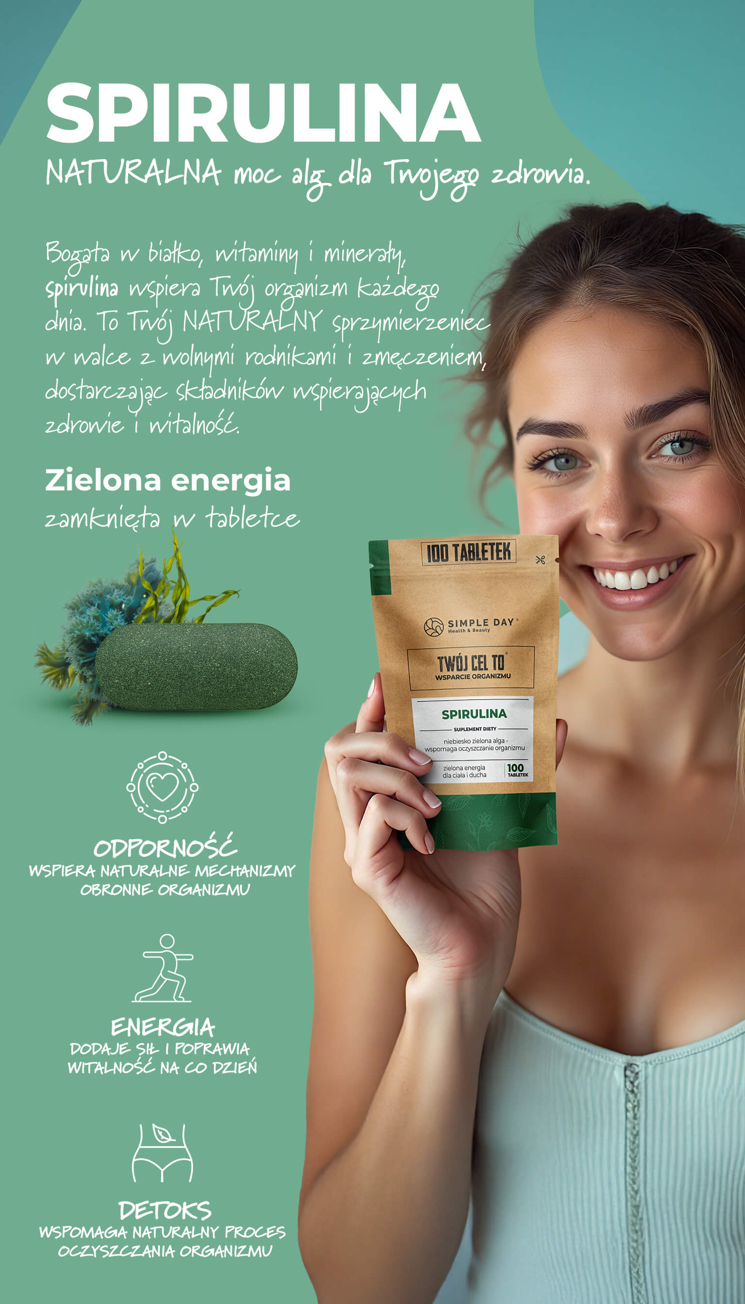 Spirulina - suplement diety wspierający odporność, energię i detoksykację organizmu.