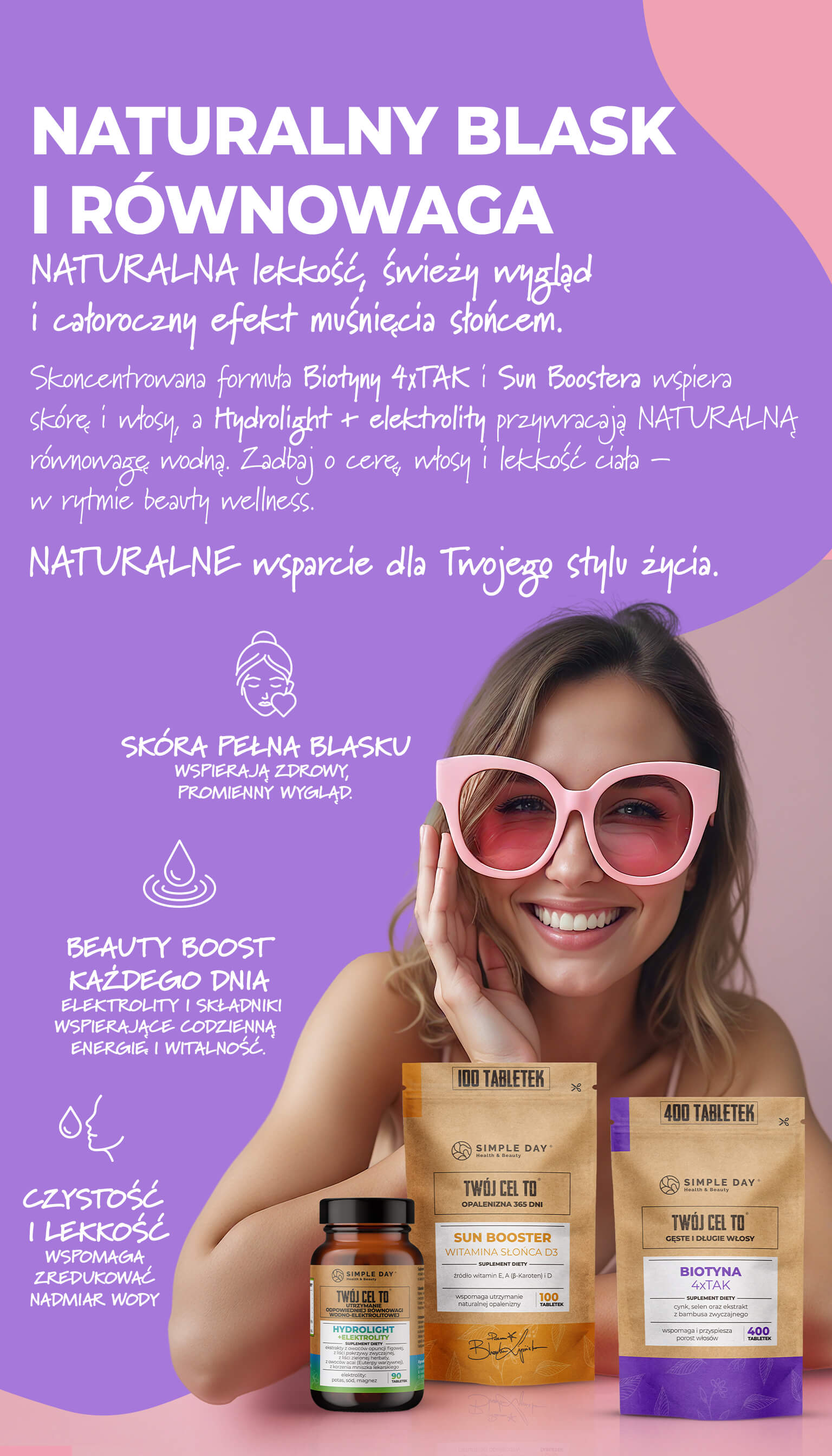 Zestaw suplementów Naturalny blask i równowaga- Biotyna 4xTAK, Sun booster, Hydrolight+Elektrolity.
