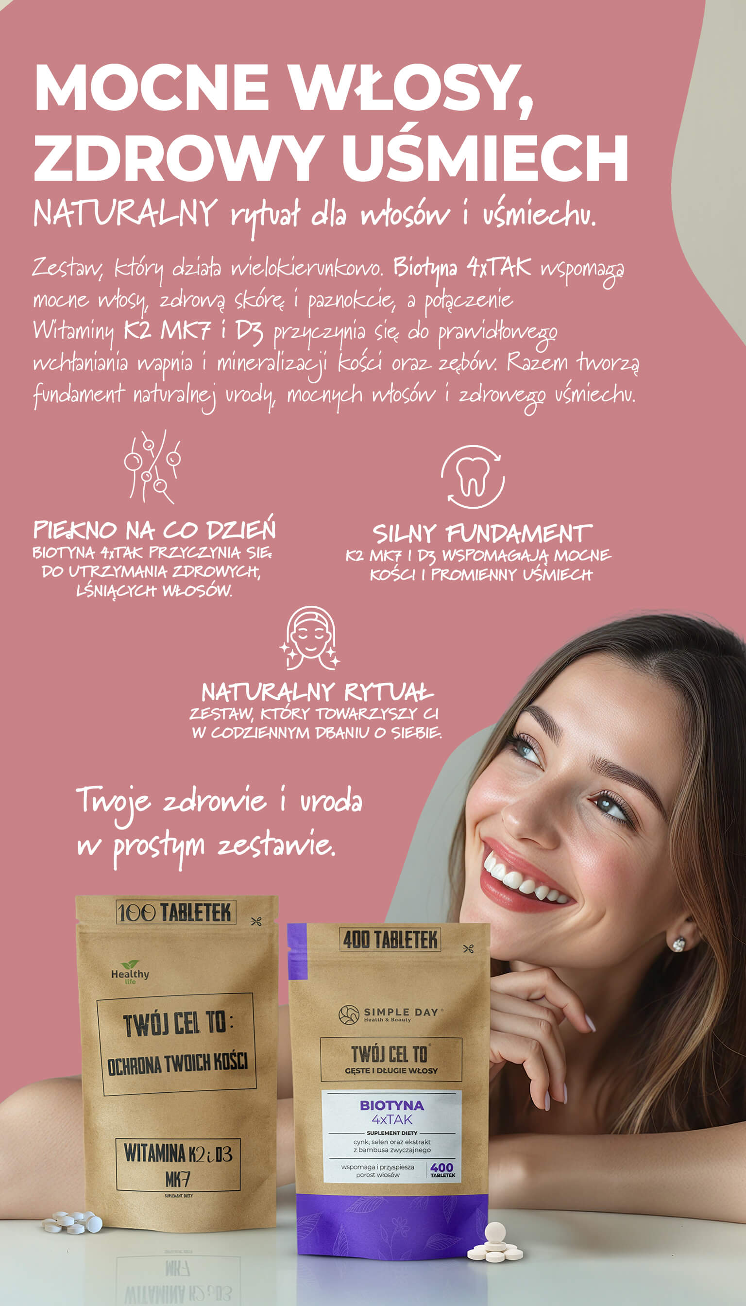 Zestaw suplementów Mocne włosy, zdrowy uśmiech – Biotyna 4xTAK i Witamina K2 MK7+D3.